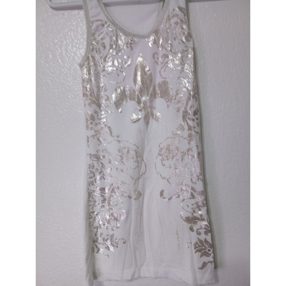 Cleo White Ribbed Tank Top Silver Fleur De Lis Graphic Racerback Y2K SlimFit(80)